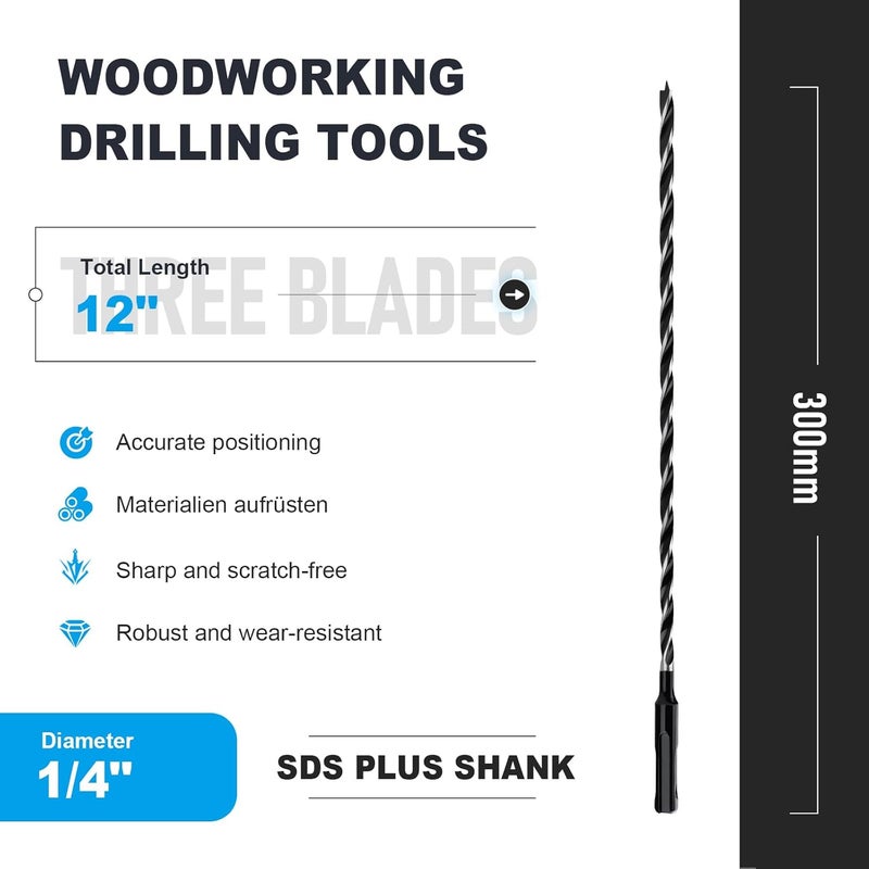 WOBLLMX 3PCS 1/4" x 12" Auger Drill Bit with SDS Plus Shank for Wood,Tri Flute Ship Auger Long Drill Bit for Soft and Hard Wood,Tree Stump,Plastic,Drywall and Composite Materials - Image 2
